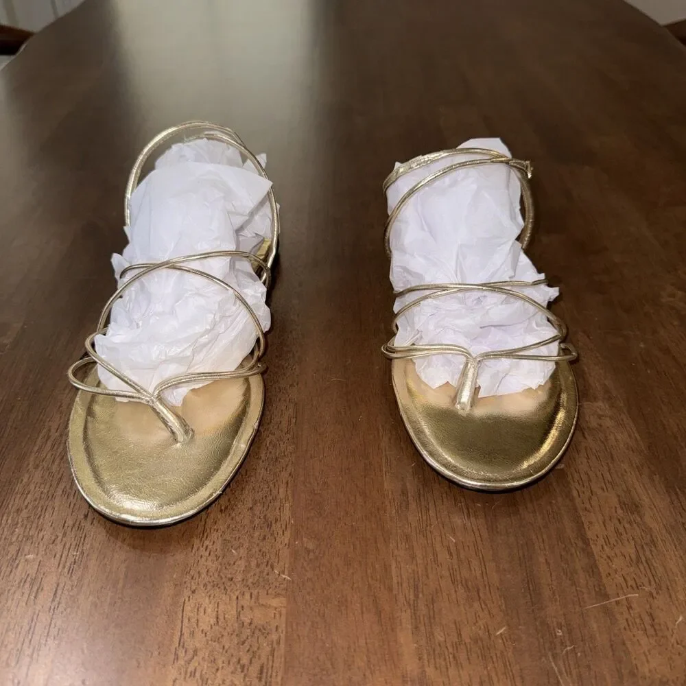 Zara Gold Metallic Strappy Thong Gladiator Flat Sandals Ankle Strap EU40 US9 - Picture 2 of 6